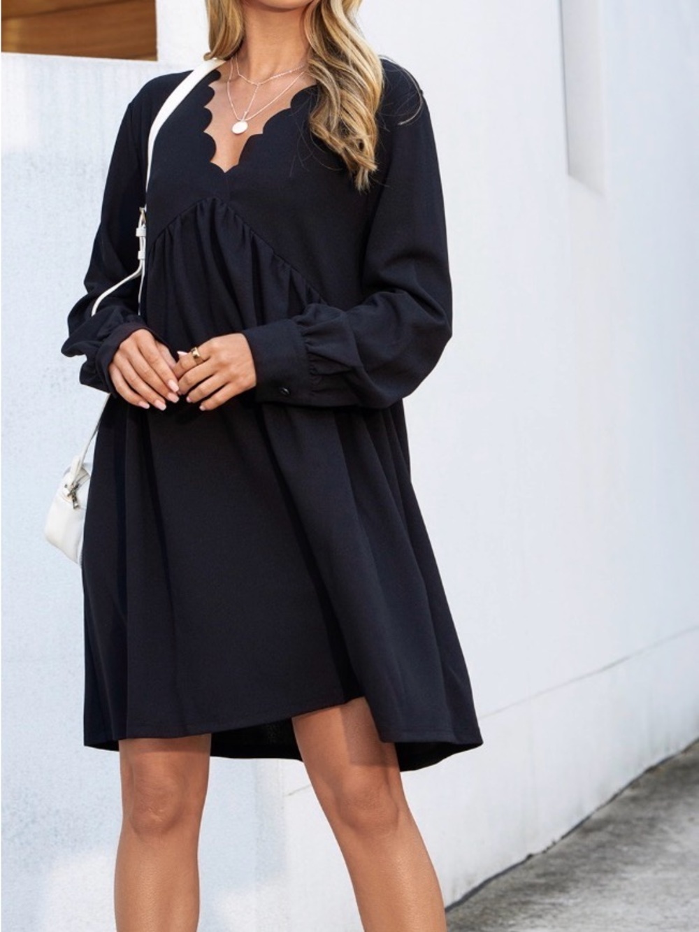 CUPSHE Black Scallop V-Neck Long Sleeve Mini Dress, Size XL, NWT
